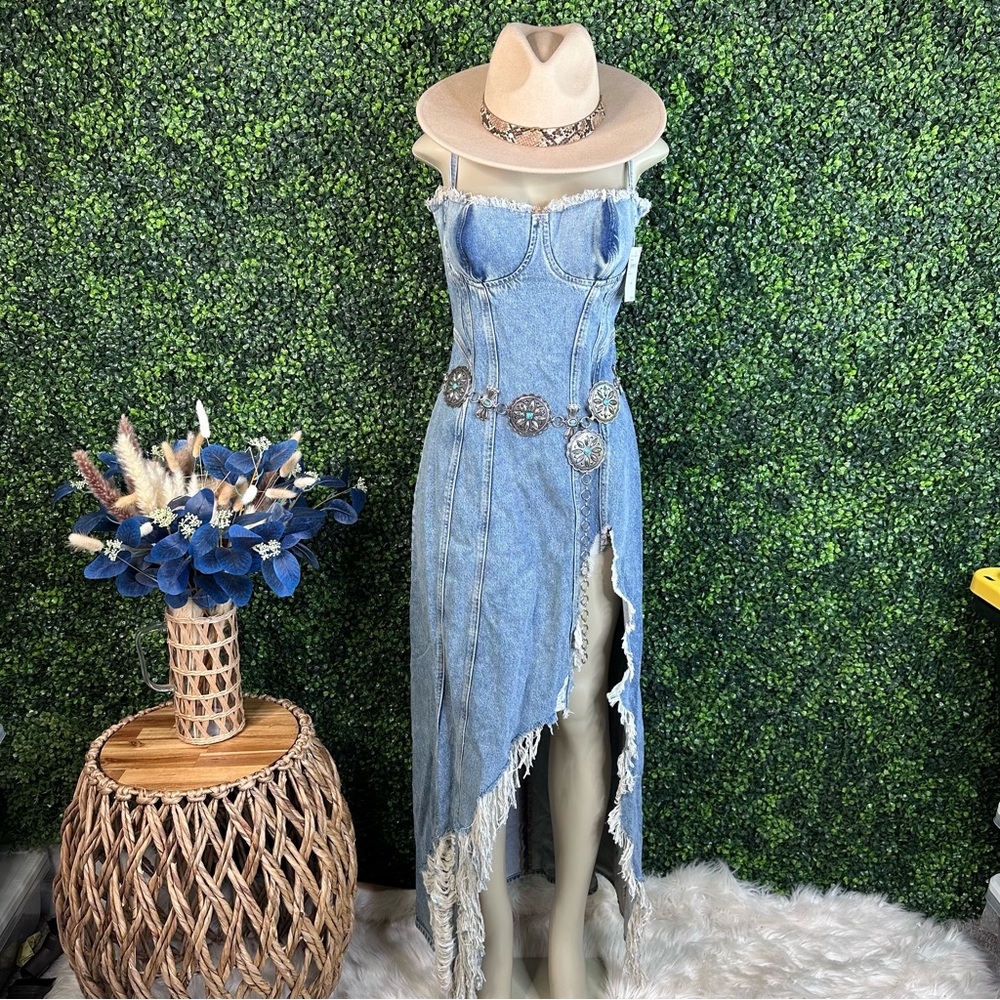 Nwt Good american Denim Asymmetrical Fringe maxi Dress